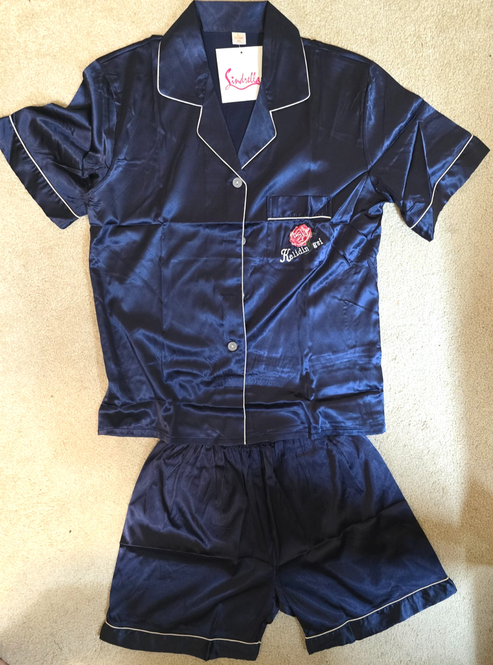 Sindrella Womens Large Navy Blue Satin Pajama Set Shorts Rose Embroidery NWT NEW